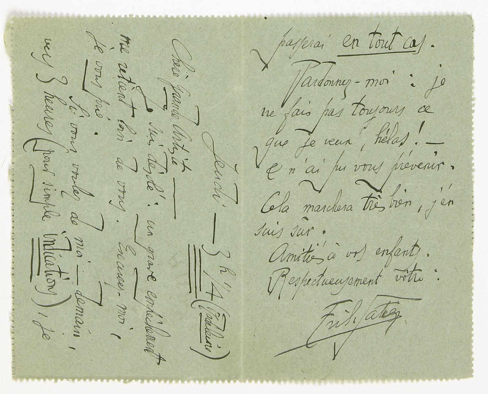 Appraisal: SATIE ERIK - Autograph Letter Signed ''Erik Satie'' pp mo