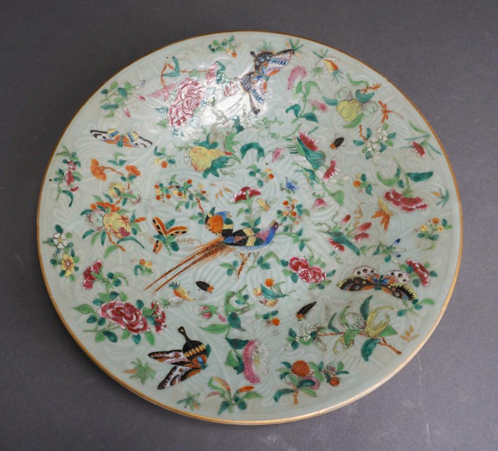 Appraisal: Chinese Famille Rose Bird and Insect Decorated Celadon Charger D