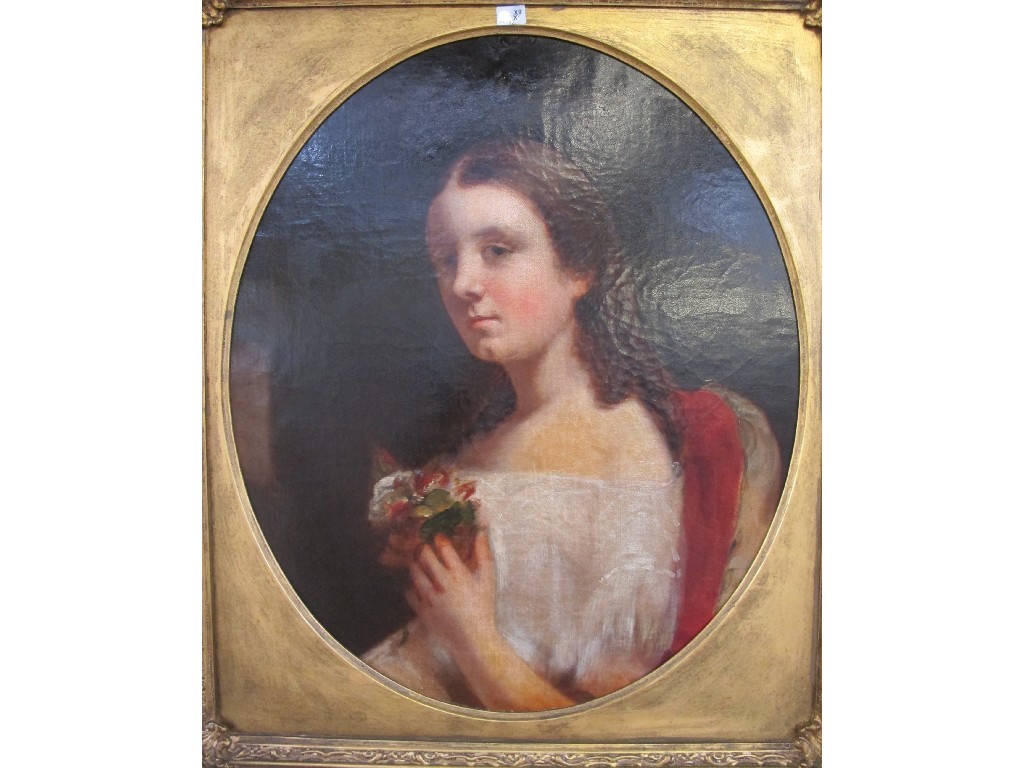 Appraisal: Oval mounted oil on canvas portrait of a young lady