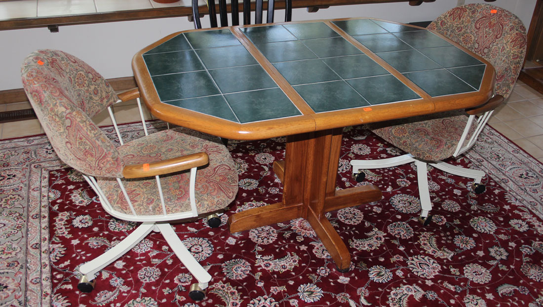 Appraisal: Oak tile top dinette table and pair of armchairs enameled