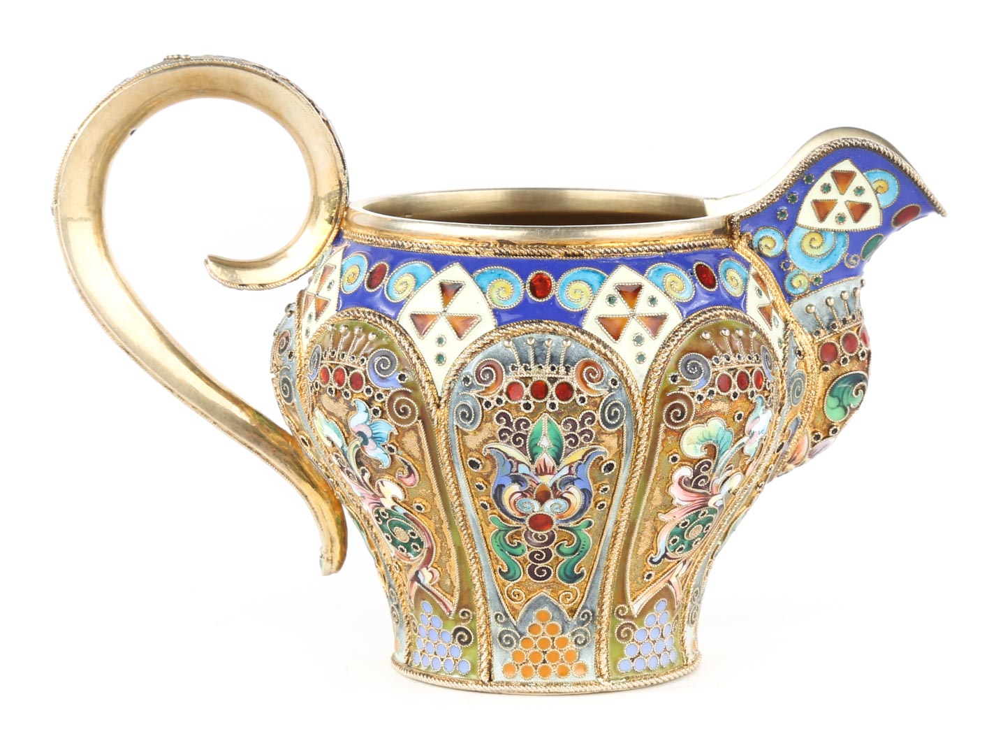 Appraisal: Russian cloisonne enamel silver-gilt cream pitcher marked for the th