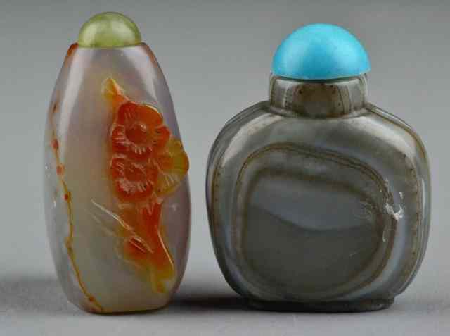 Appraisal: Chinese Carved Agate Snuff BottlesTo include a banded agaet example