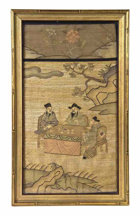 Appraisal: A Pair of Chinese Kesi Panels each depicting a trio