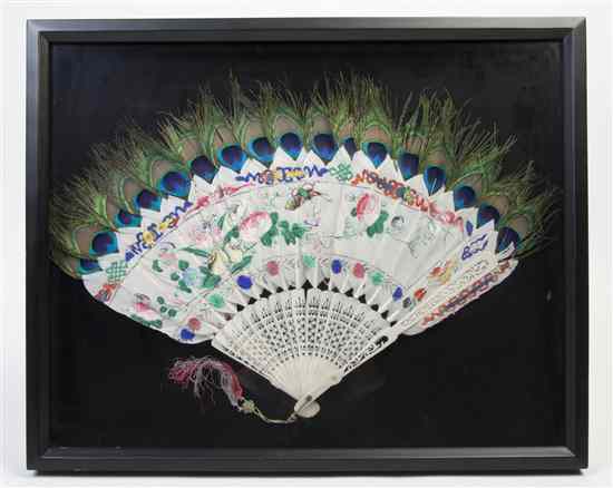 Appraisal: A Framed Chinese Export Bone Fan having peacock feather decoration