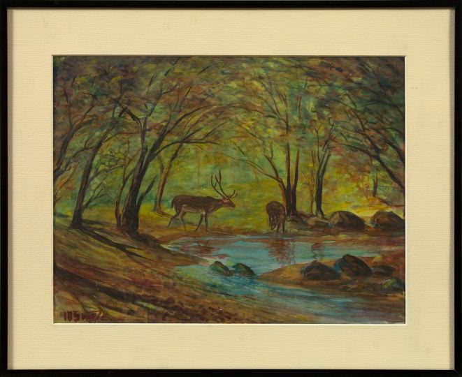 Appraisal: American School th Century Autumnal Scene with Deer Watering watercolor