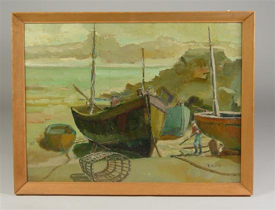 Appraisal: Oil on Masonite of Beached Boats Early th Century Signed