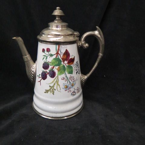 Appraisal: Victorian Graniteware Enameled Coffeepot berry floral decor tall