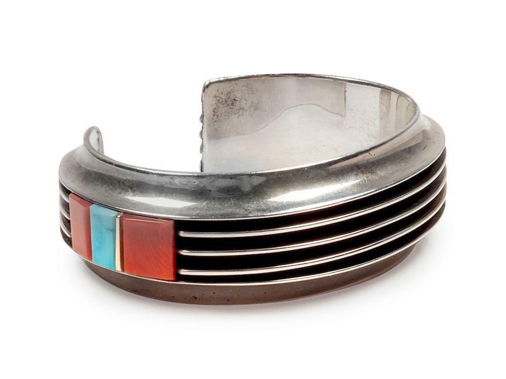 Appraisal: Victor Beck Dine b Sterling silver cuff bracelet with coral