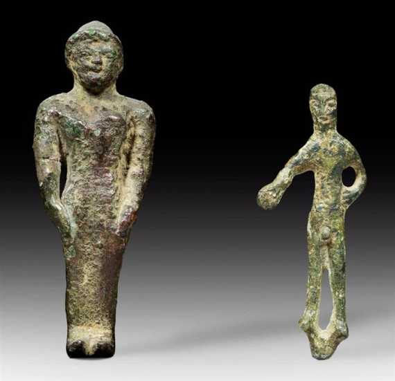 Appraisal: ANTIQUE STATUETTES Etruscan BC Bronze H cm and cm Provenance