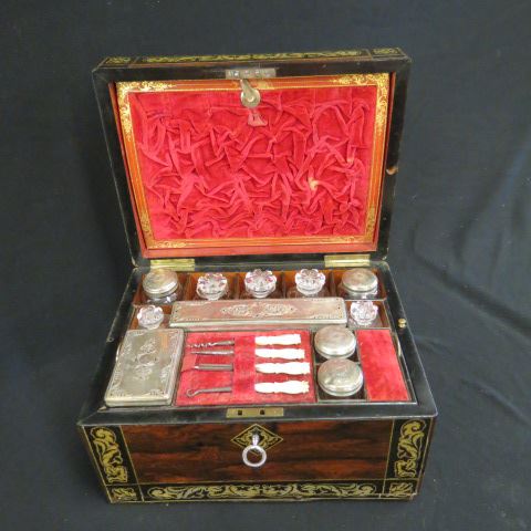 Appraisal: Ladies Travel Box inlaid rosewood with mother-of-pearl inside has boxes