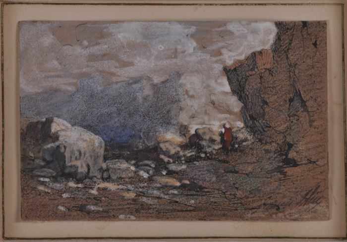 Appraisal: FRANCIS HUY FIGURE IN MOUNTAIN LANDSCAPE Watercolor on paper x