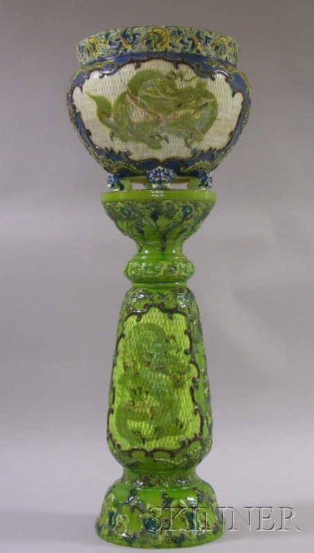 Appraisal: Late Victorian Majolica Glazed Asian-style Decorated Ceramic Jardiniere on Pedestal