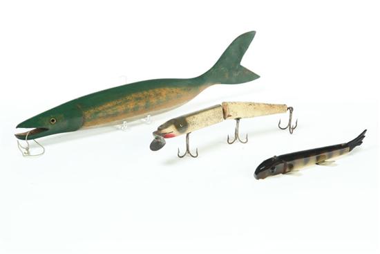 Appraisal: TWO FISH DECOYS AND A FOLK ART CARVING American th