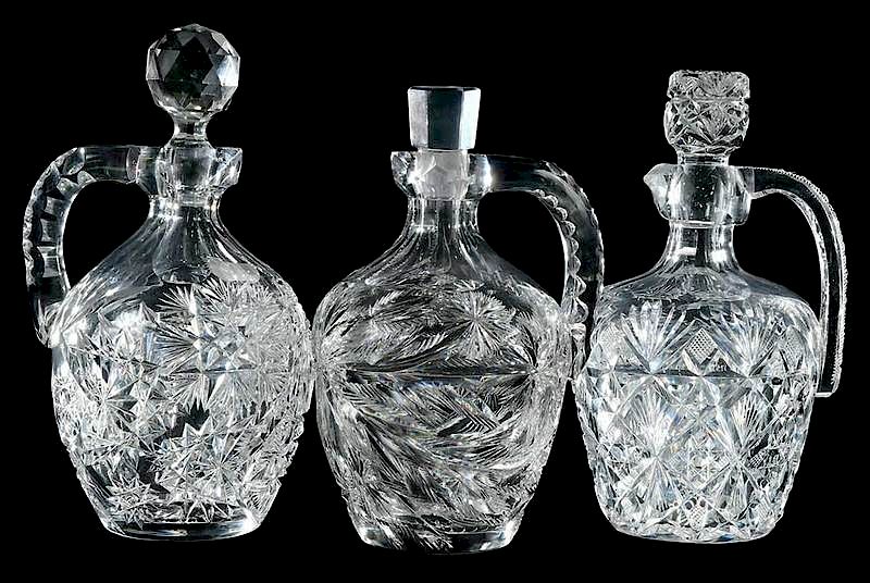 Appraisal: Cut Glass Whiskey Jugs Libbey Anderson Hawkes Hawkes Brazilian pattern