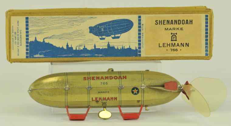 Appraisal: LEHMANN BOXED ''SHENANDOAH'' DIRIGIBLE Lithographed tin clockwork action features two