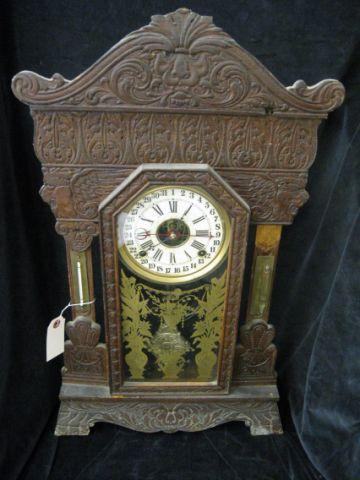 Appraisal: Gilbert Oak Clock Steamer fancy gingerbread calendar thermometer and barometer