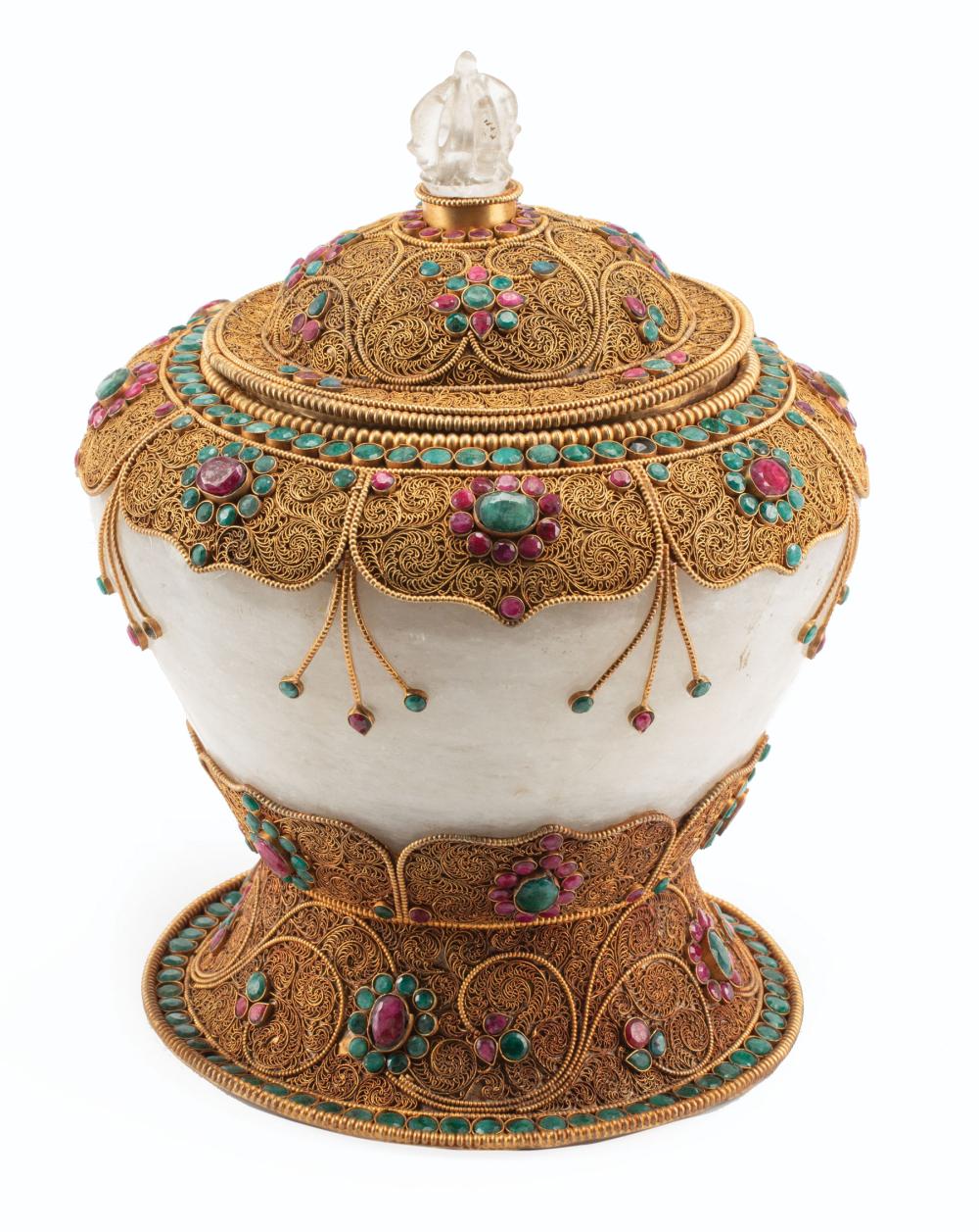 Appraisal: Nepalese Gemstone Embellished Filigree-Mounted Rock Crystal Covered Temple Jar th