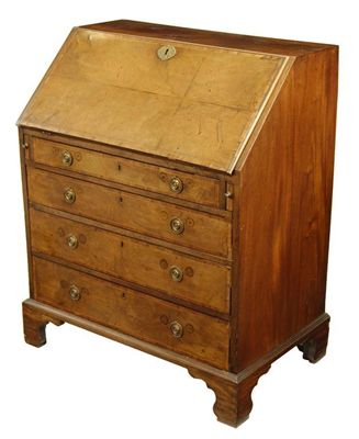 Appraisal: A George III mahogany bureau kingwood banded the hinged fall