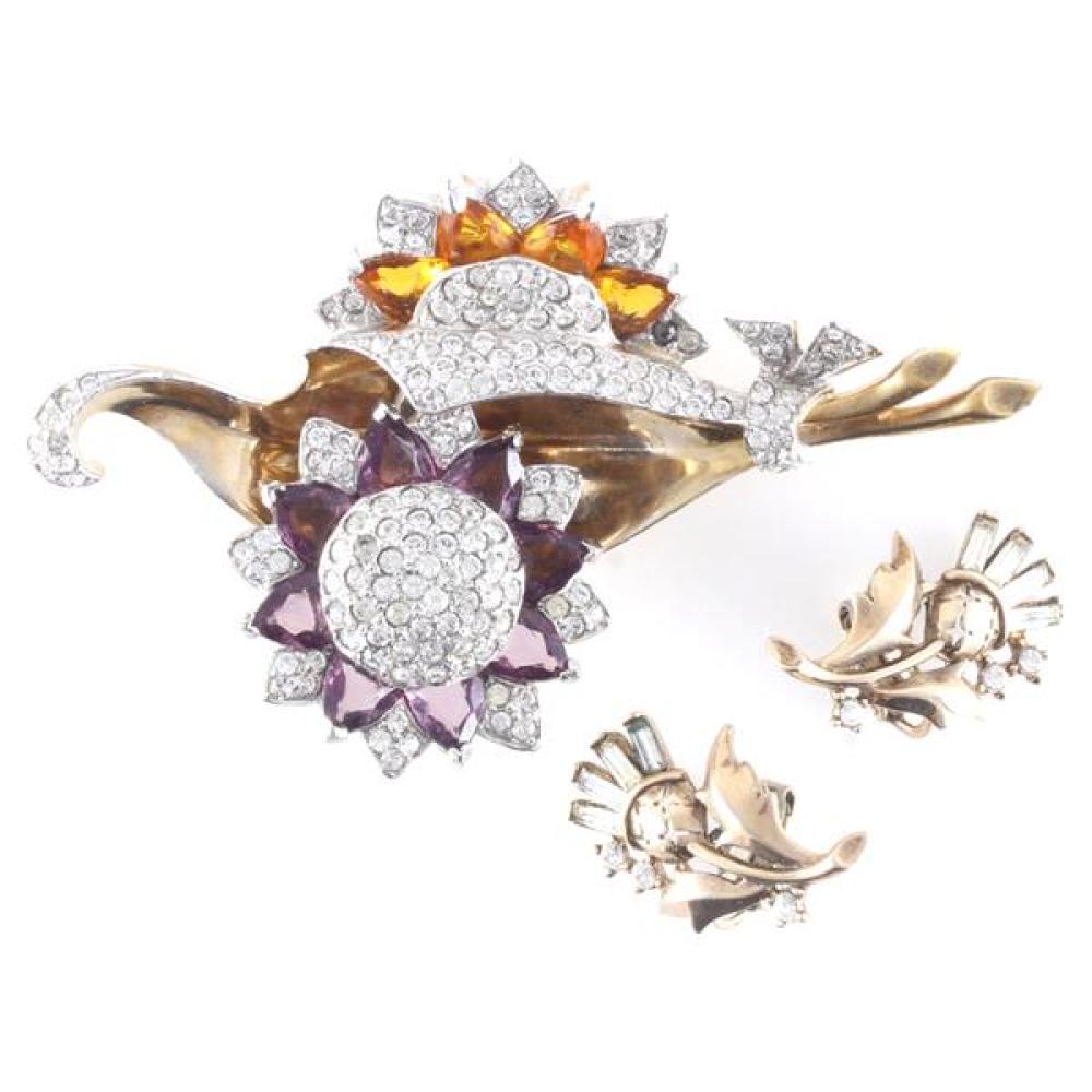 Appraisal: REJA GOLD TONE FLOWER PIN WITH DIAMANTE PURPLE AND ORANGE