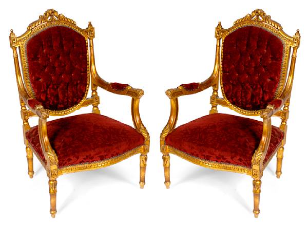 Appraisal: A pair of Louis XVI style red upholstered armchairs height