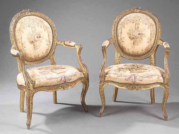 Appraisal: A Pair of Antique Louis XV-Style Giltwood and Aubusson Upholstered