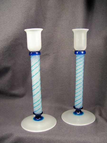 Appraisal: Pair Art Glass Candlesticks Pair opaque white glass candlesticks with