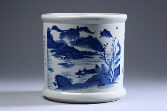 Appraisal: CHINESE BLUE AND WHITE PORCELAIN BRUSH HOLDER With calligraphy and