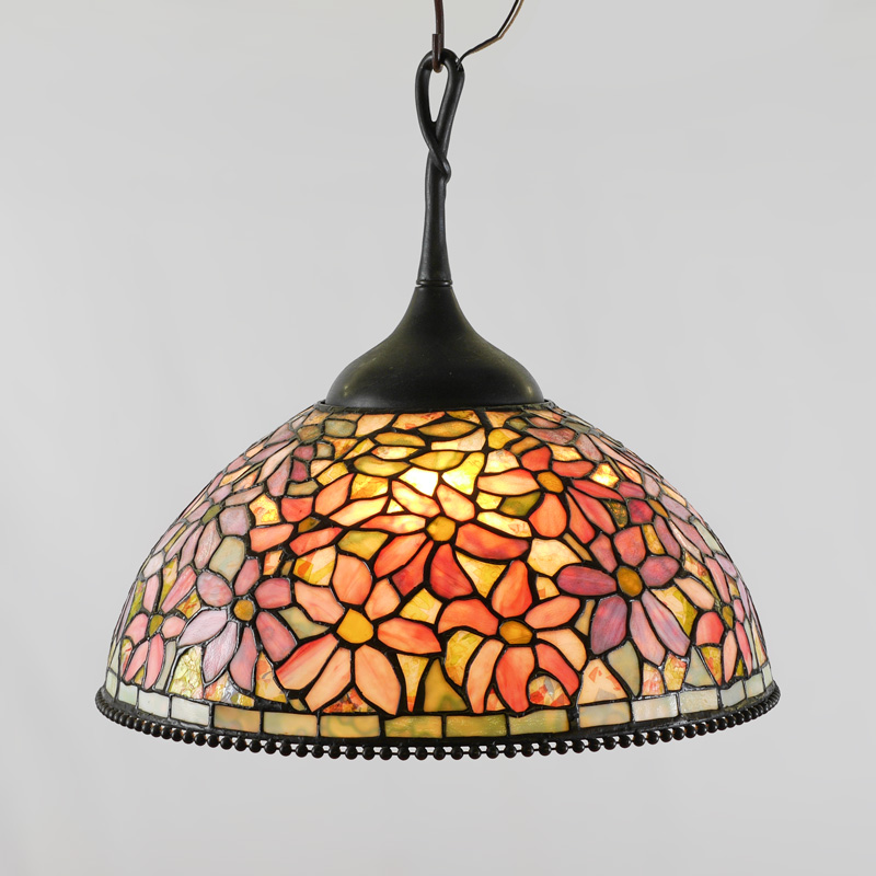 Appraisal: TIFFANY STYLE FLORAL LEADED GLASS HANGING LIGHT Large leaded glass