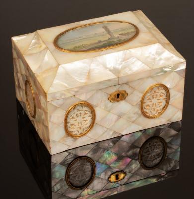 Appraisal: An extremely fine Austrian mother-of-pearl sewing box the canted cover