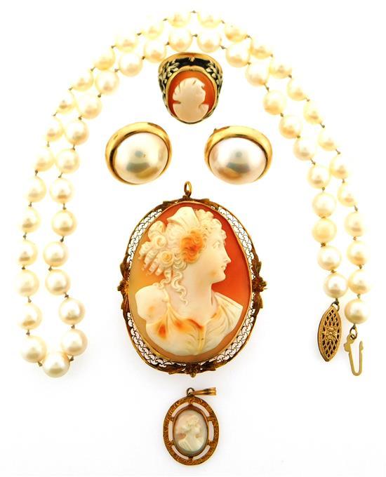 Appraisal: JEWELRY Pearl and Cameo jewelry five pieces K yellow gold