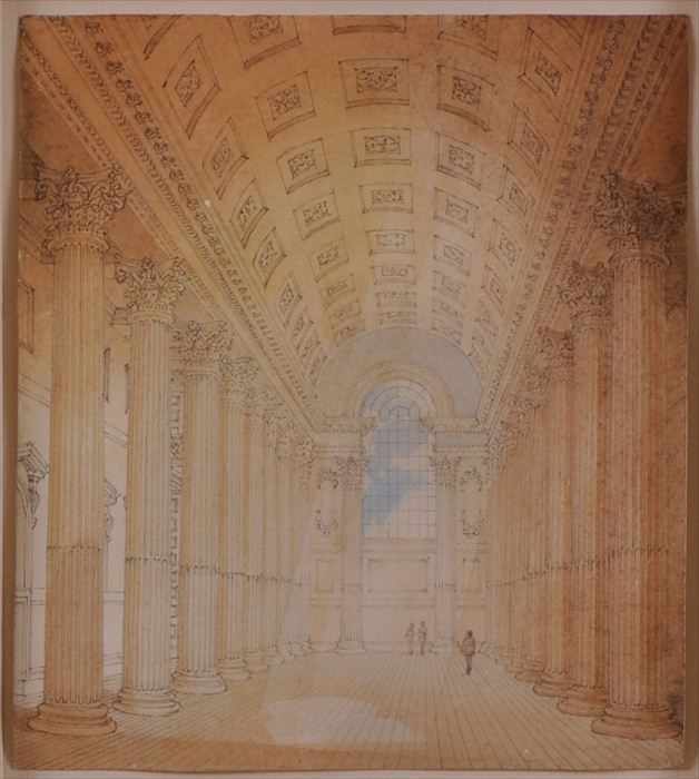 Appraisal: ENGLISH SCHOOL STUDY OF AN INTERIOR Pencil and watercolor on