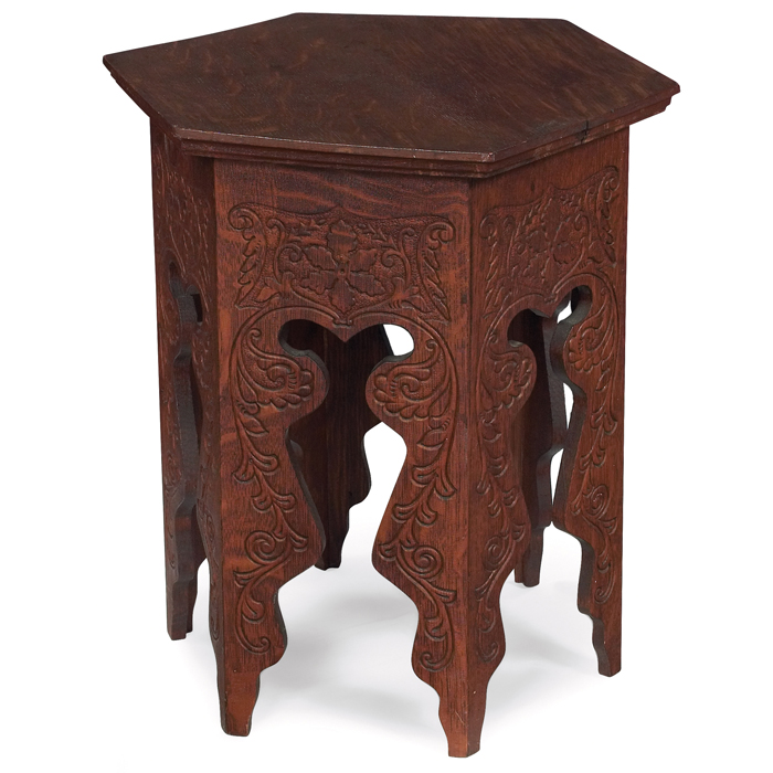 Appraisal: Arts Crafts tabouret Flemish-influenced form with a hexagonal top above