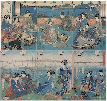 Appraisal: Pair of Japanese Woodblock Geisha Triptychs Triptych depicting interior scene