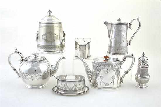 Appraisal: English silverplate table articles Aesthetic decorated biscuit box H ''