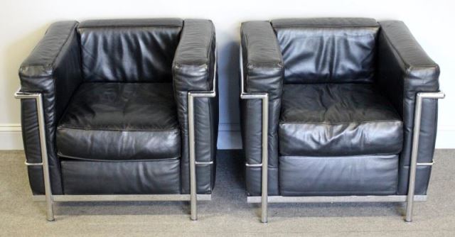 Appraisal: Pair of Leather Corbusier Style Club Chairs Marked to strap