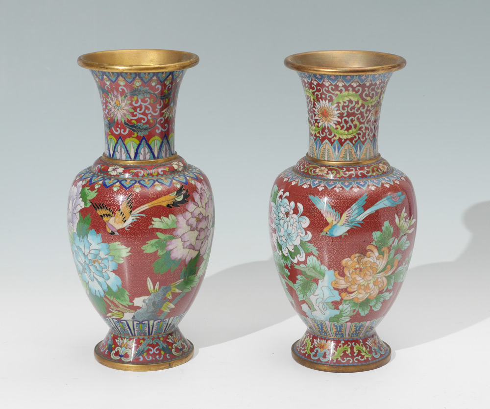 Appraisal: PAIR CHINESE CLOISONNE VASES Oxblood ground birds chrysanthemums motif bodies