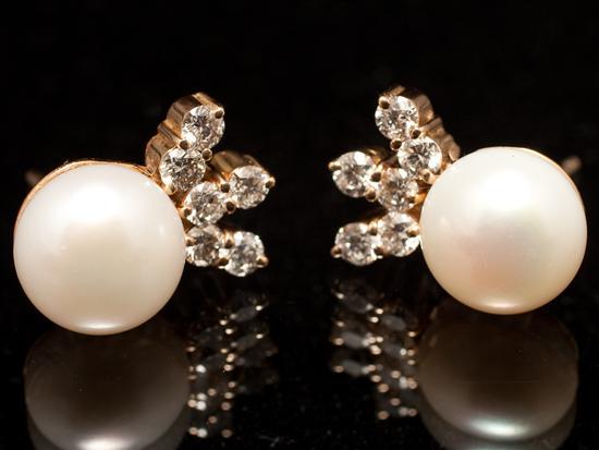 Appraisal: Pair of gold diamond and cultured pearl earrings each with