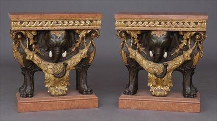 Appraisal: PAIR OF GEORGE III-STYLE CARVED PAINTED AND PARCEL-GILT CONSOLE TABLES