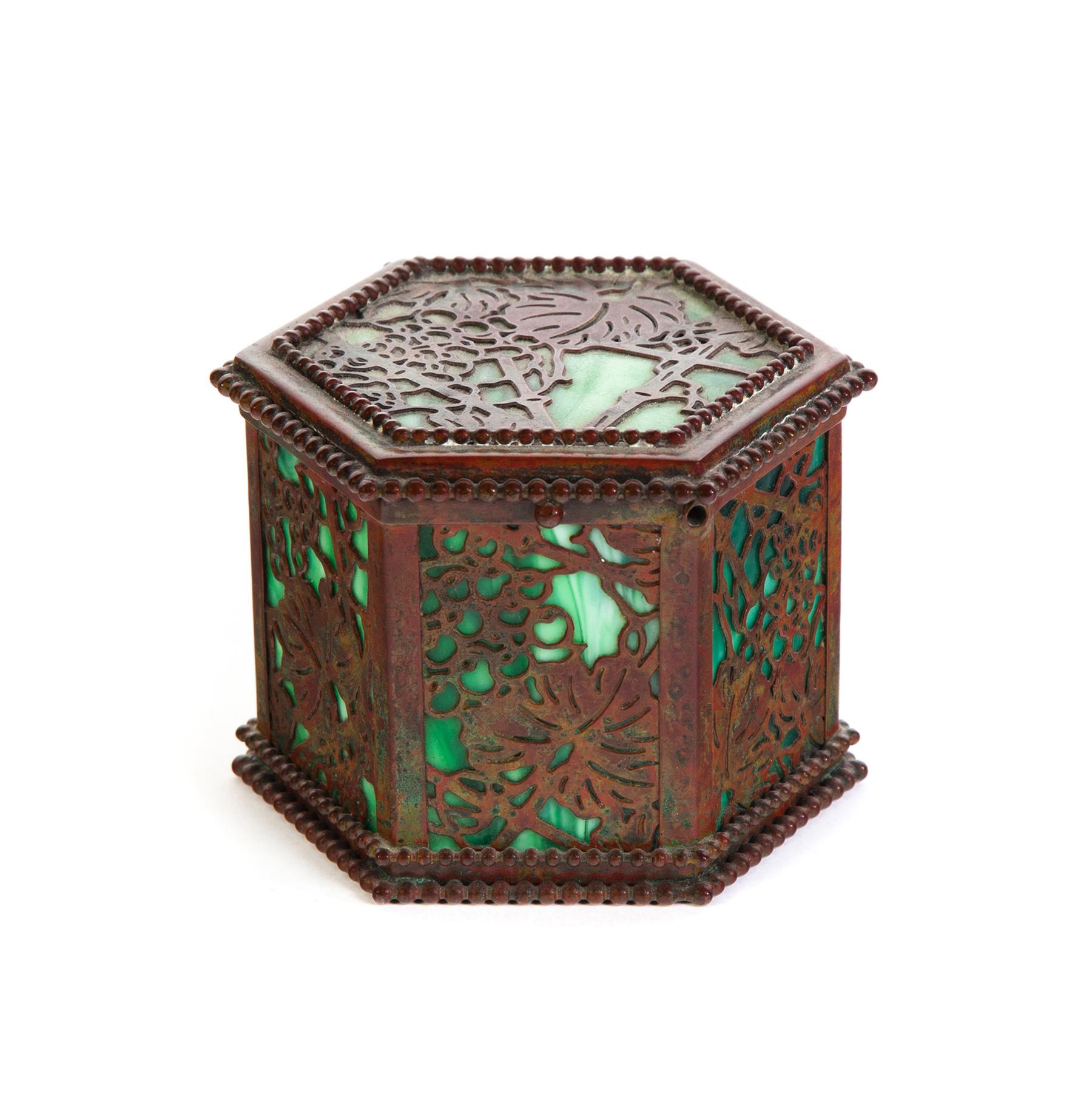 Appraisal: TIFFANY STUDIOS HEXAGONAL HINGED LID BOX American ca Bronze floral