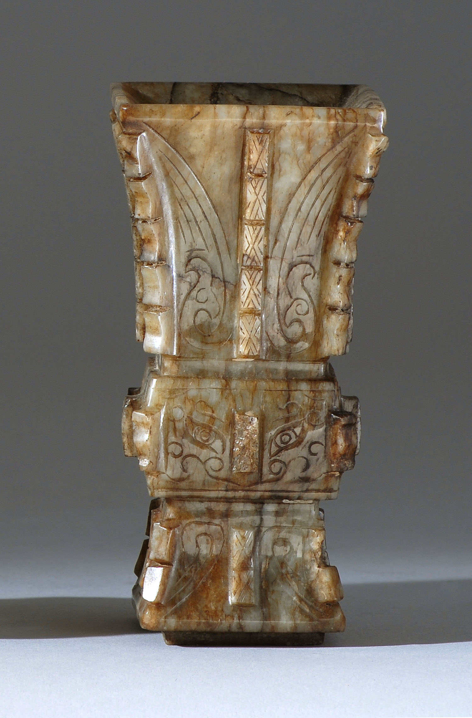 Appraisal: GRAY JADE VASE th th CenturyIn rectangular form with archaic-style