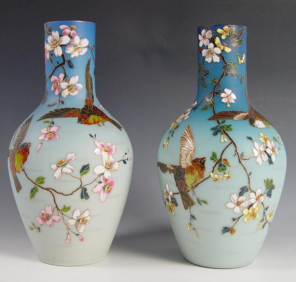 Appraisal: EXTRAORDINARY PAIR VICTORIAN ART GLASS VASES '' tall enamel decoration