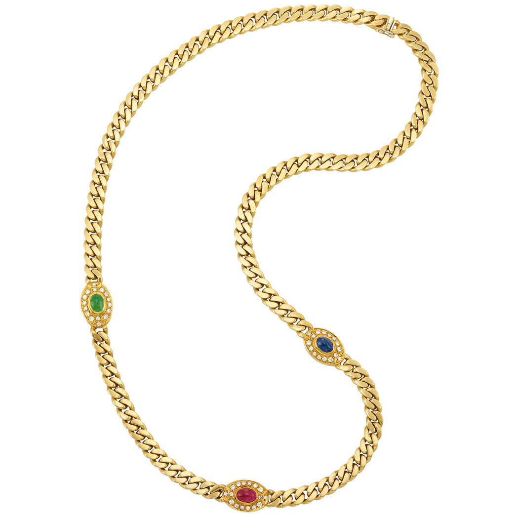 Appraisal: Long Gold Cabochon Colored Stone and Diamond Curb Link Chain