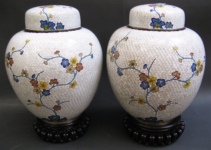 Appraisal: PAIR CLOISONNE ENAMELED COVERED JARS open spaced floral design blue