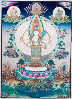 Appraisal: Thangka Buddha With Emanations Scroll Scroll depicts Buddha sitting on