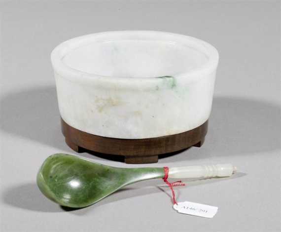 Appraisal: BURMA JADE BOWL AND SPOON PALE AND SPINACH GREEN JADE