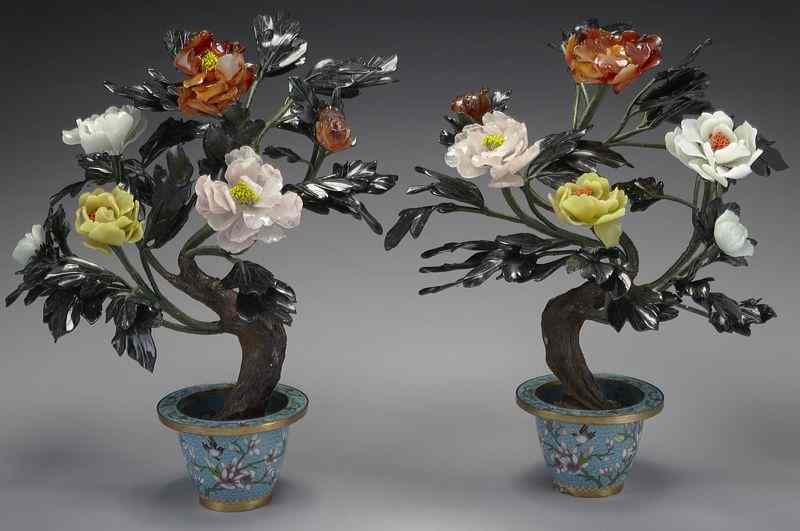 Appraisal: Pr Chinese carved jade trees in cloisonne vasesthe trees' leaves