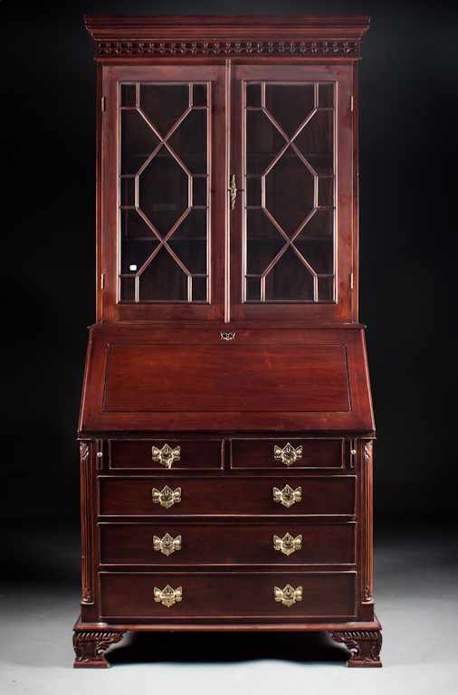 Appraisal: Chippendale style mahogany and glazed panel slant-front secretary bookcase th