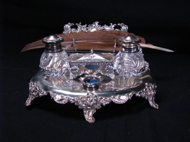 Appraisal: Sterling Silver Ink Stand laquered finish with two hinged lid