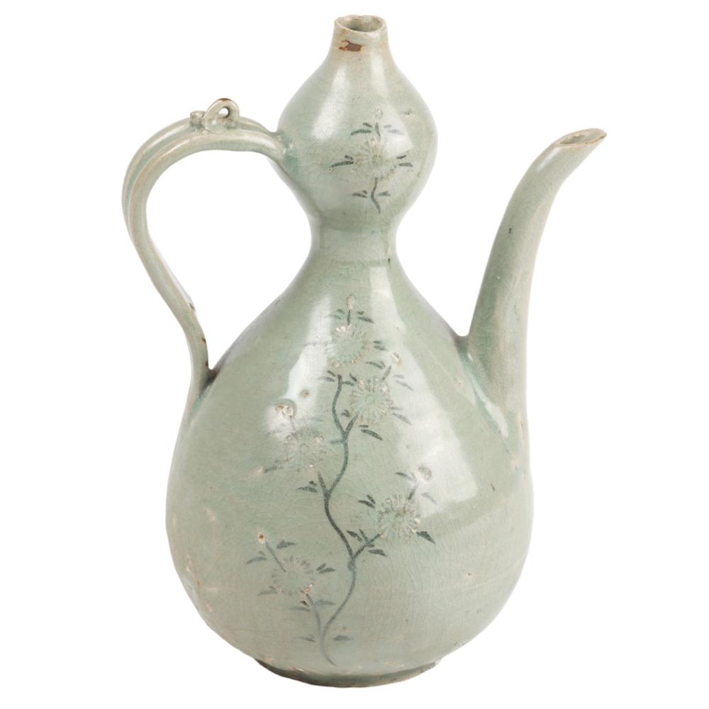 Appraisal: KOREAN CELADON GLAZE GOURD SHAPE INLAID WINE EWER KORAI PERIOD