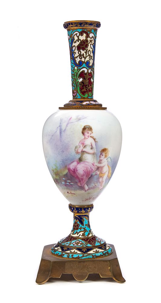 Appraisal: Sevres Porcelain and Champlev vase artist signed A Serves Porcelain